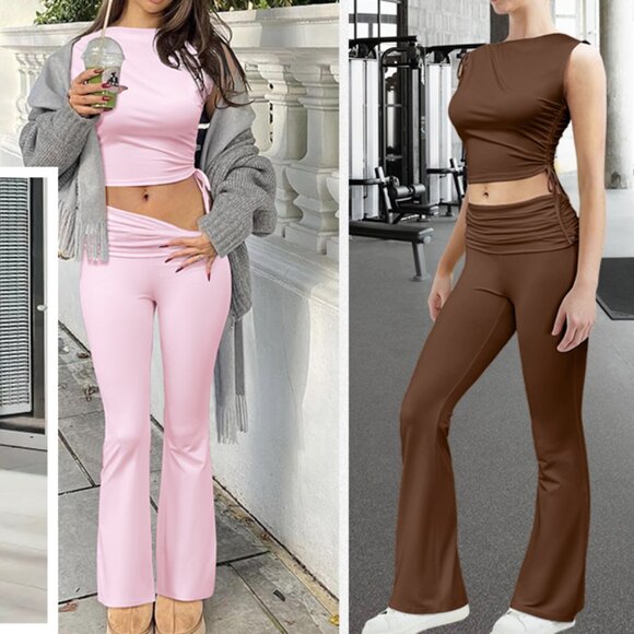 Y2K Sexy Two Piece Foldover Wide Leg Pants With Cropped Tops Matching Sets - Picture 2 of 7